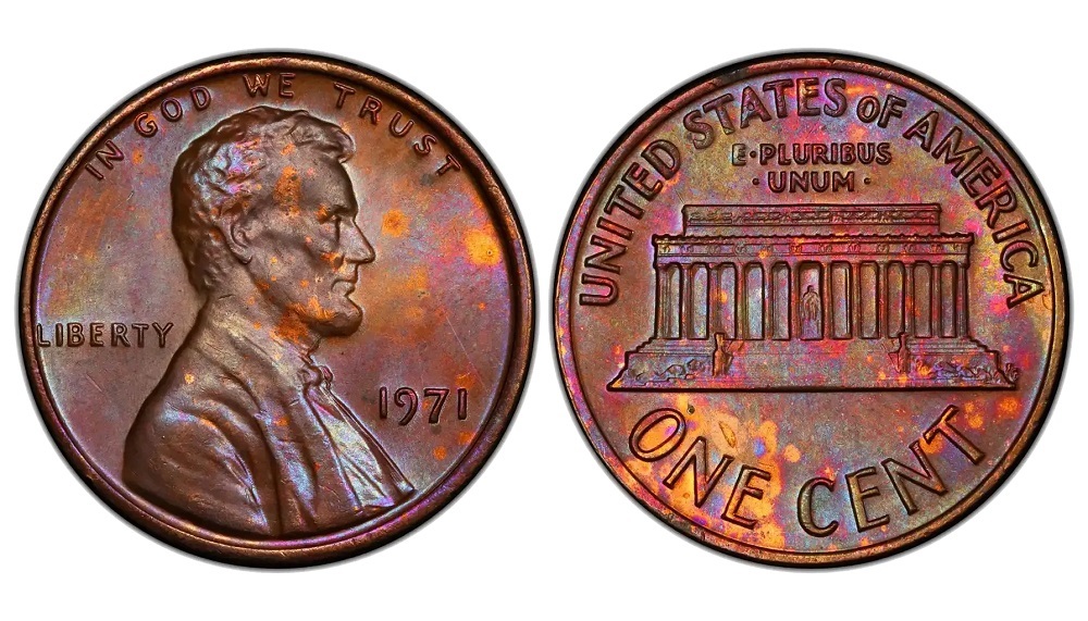 1971 Lincoln Memorial penny obverse and reverse showing full copper-red luster