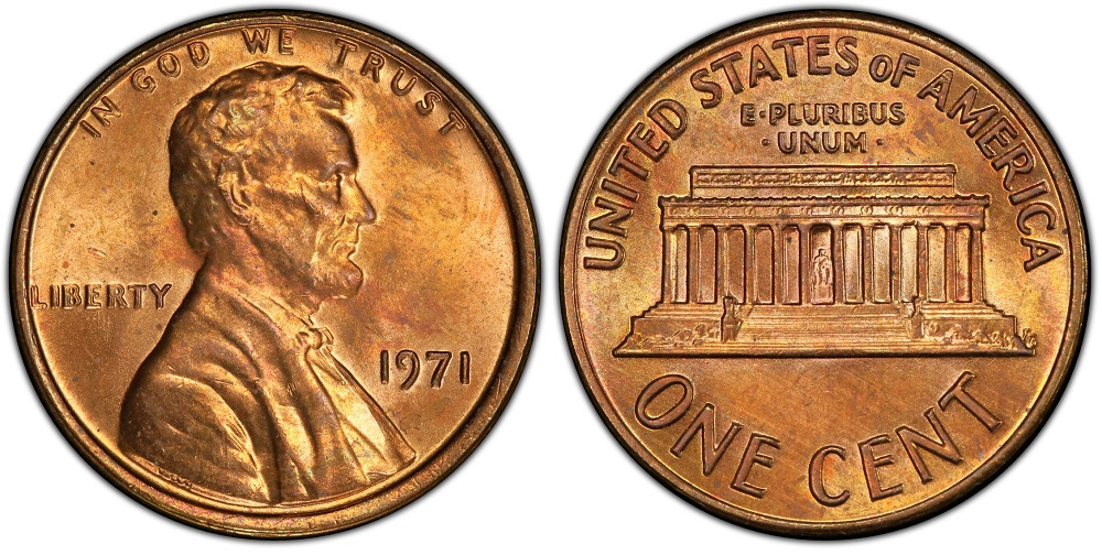 Side-by-side comparison of a common 1971 penny versus a 1971 DDO FS-101 showing doubled LIBERTY lettering