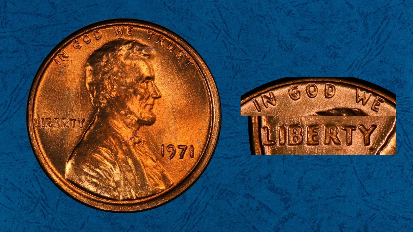 1971 DDO FS-101 penny close-up showing doubled LIBERTY letters under magnification