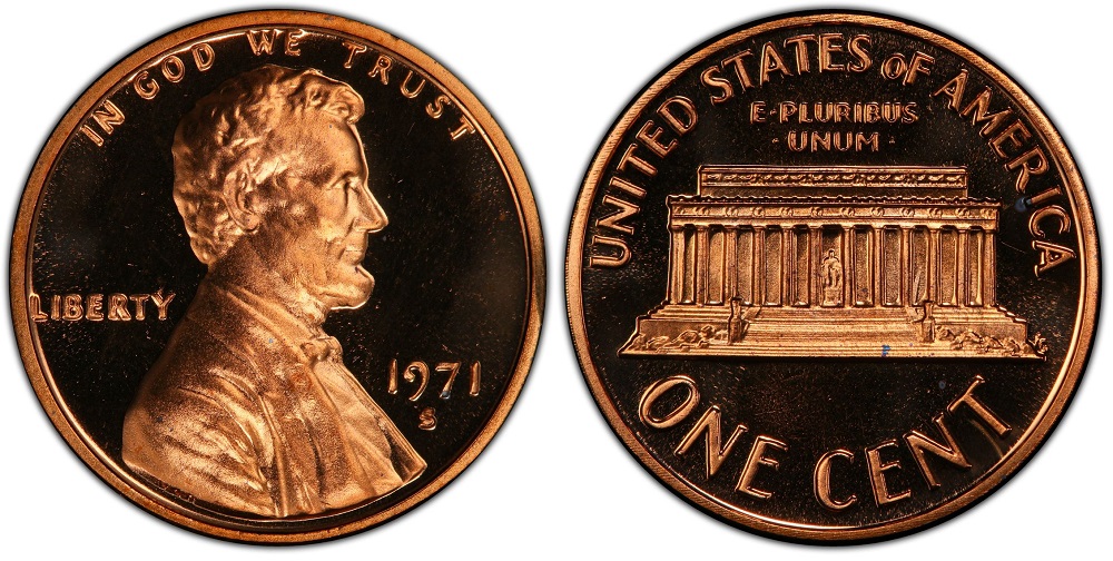 1971-S proof penny DDO FS-101 close-up showing doubled letters against mirror proof fields