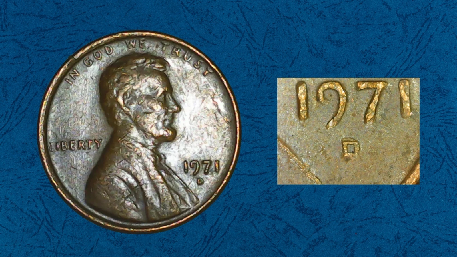 1971-D penny repunched mint mark close-up showing doubled D mint mark with offset secondary impression