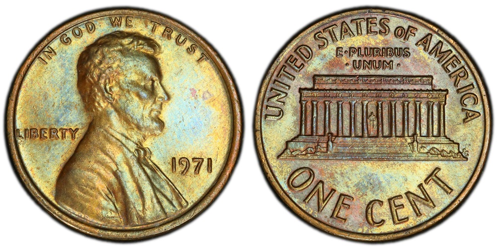 1971 Lincoln Memorial penny group showing range of conditions and mint marks from all three mints