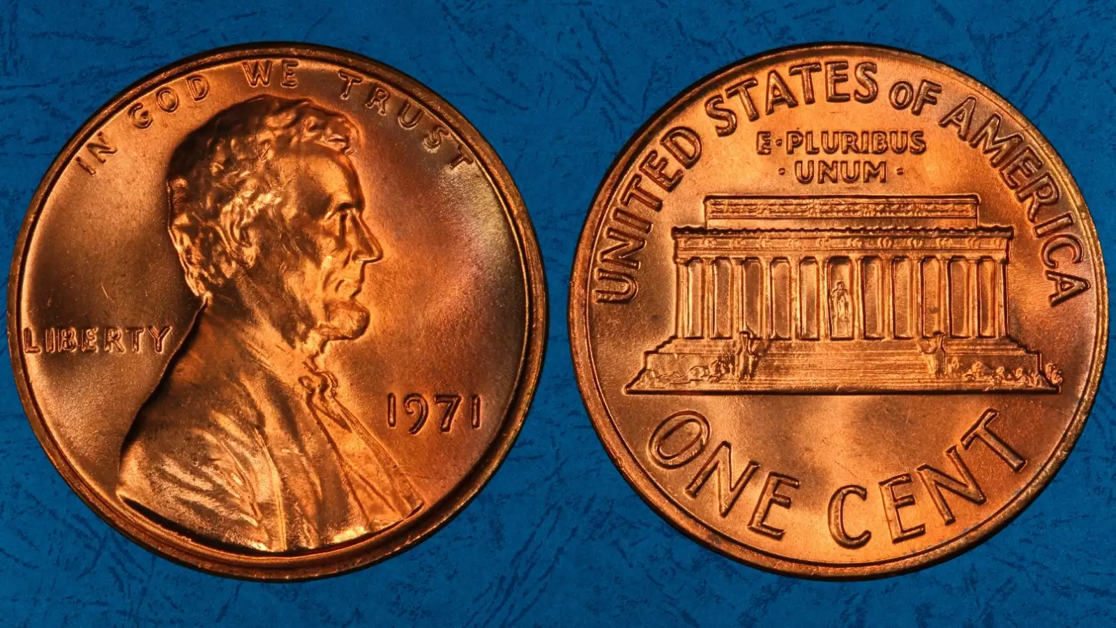 1971 penny grading strip showing four condition tiers from worn to gem uncirculated